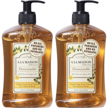 A LA MAISON front label showing honeysuckle scent and French craftsmanship benefits