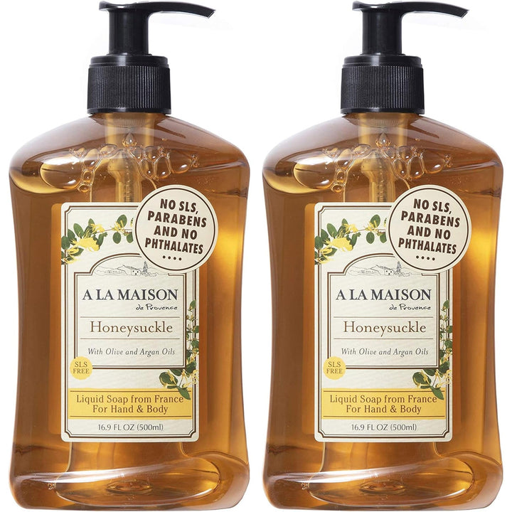 A LA MAISON front label showing honeysuckle scent and French craftsmanship benefits