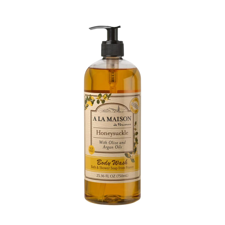 A LA MAISON front packaging showing honeysuckle bottle and benefits