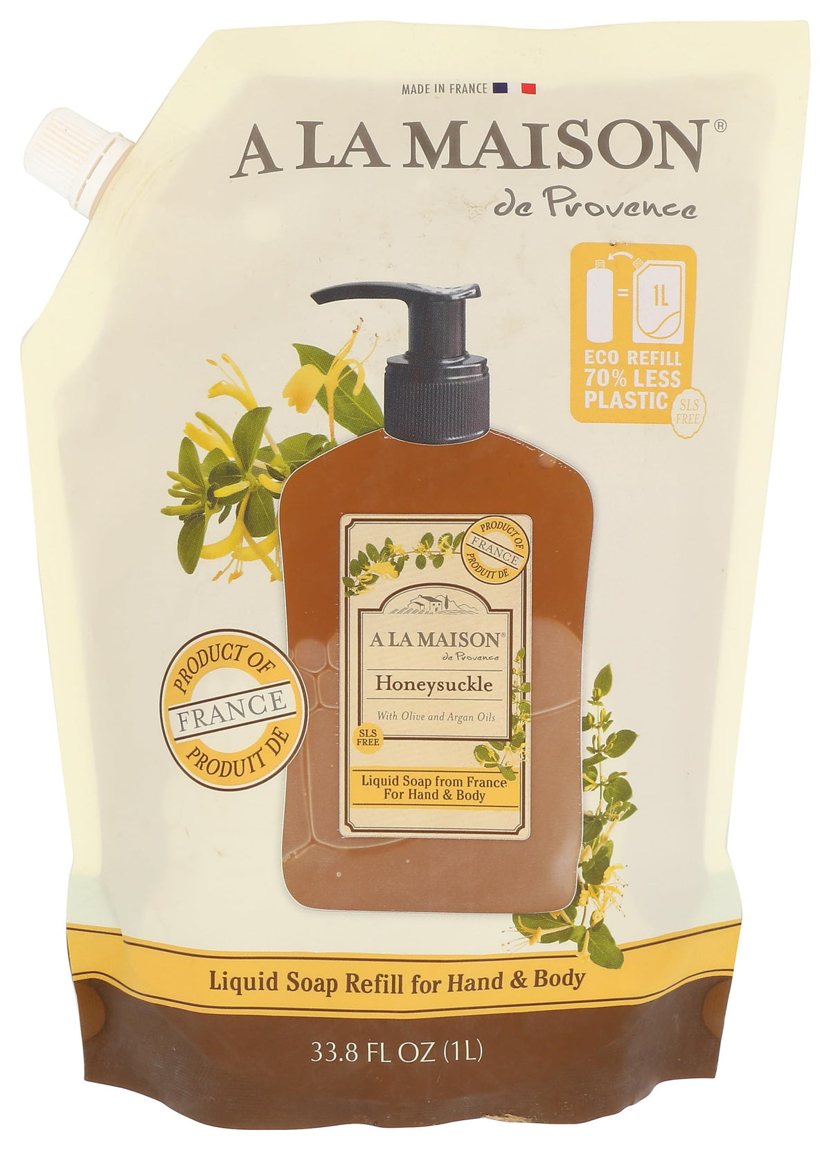A LA MAISON pouch front view showing honeysuckle refill and benefits