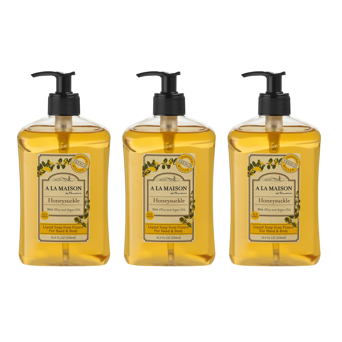 A LA MAISON front bottle showing pump and honeysuckle scent benefit
