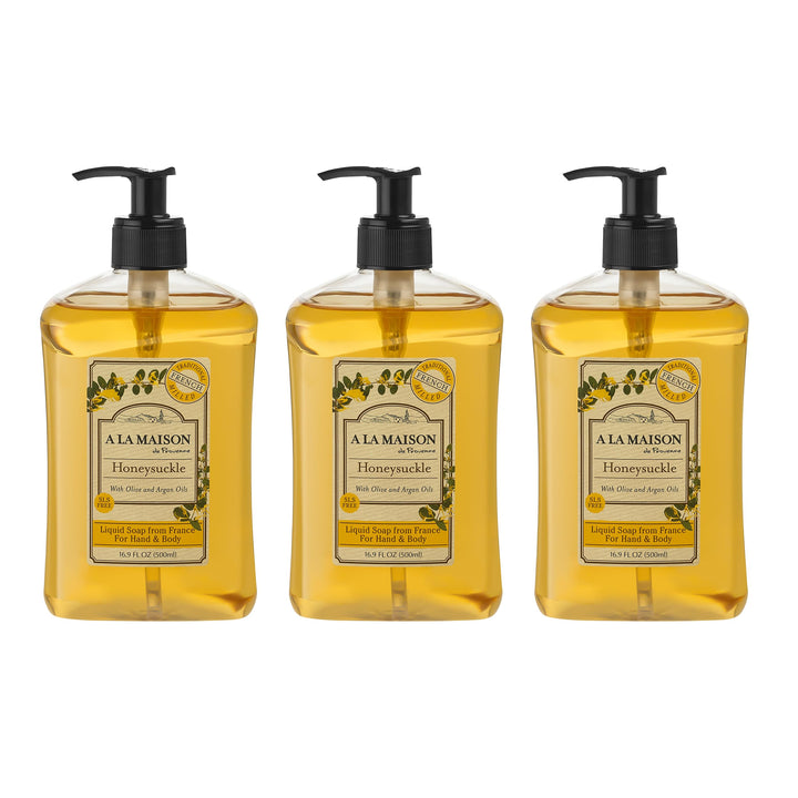 A LA MAISON front bottle showing pump and honeysuckle scent benefit