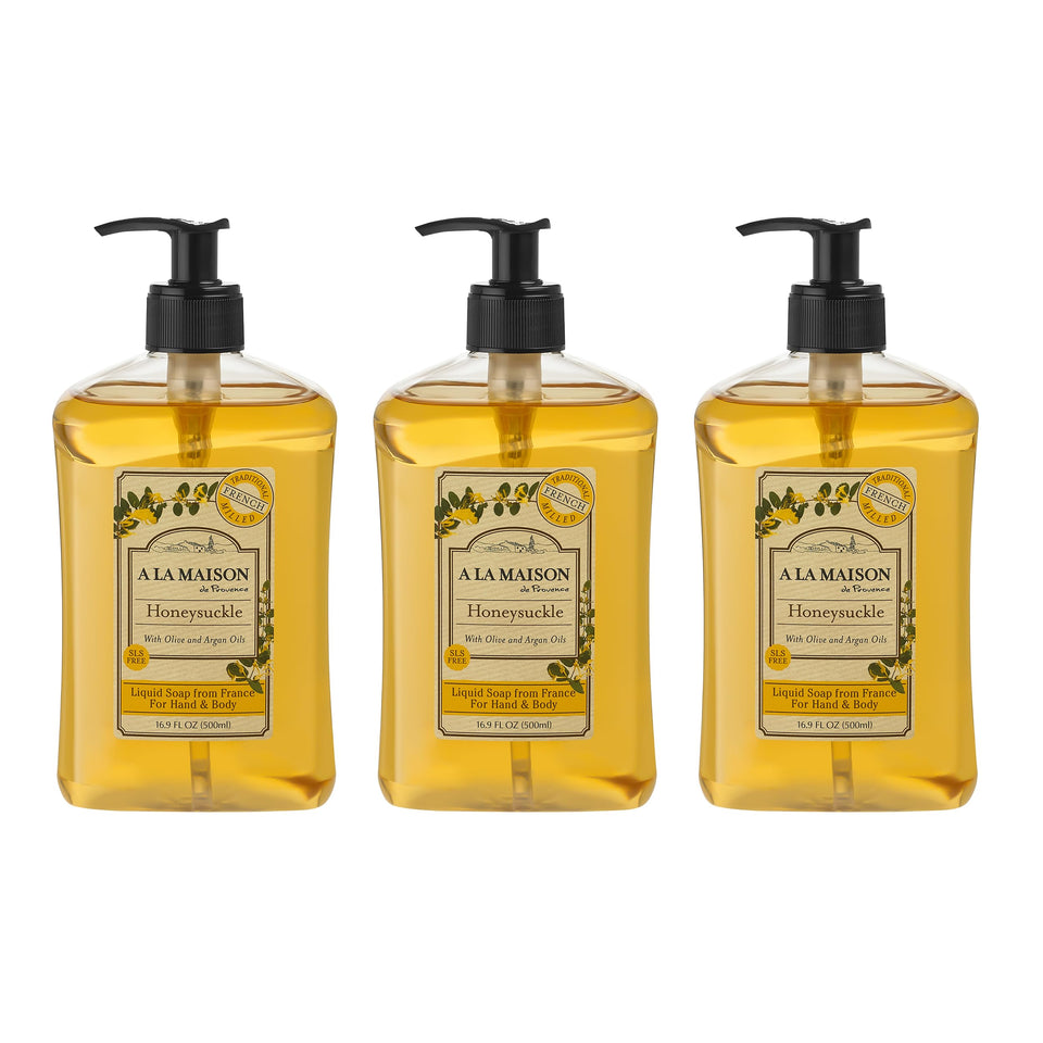 A LA MAISON front bottle showing pump and honeysuckle scent benefit