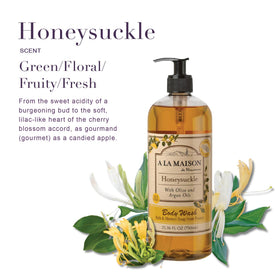 A LA MAISON label and pump detail highlighting ingredients and ease