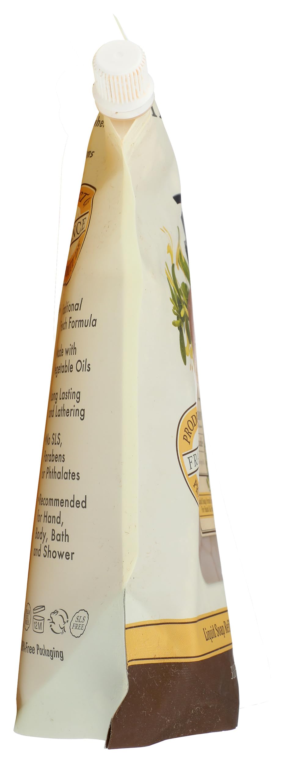 A LA MAISON pouch next to standard soap bottle showing refill size value