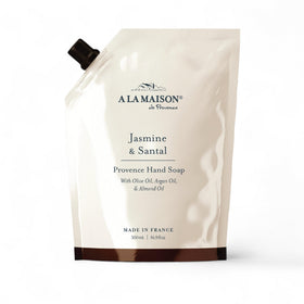 A LA MAISON front pouch showing jasmine and santal label and refill benefit