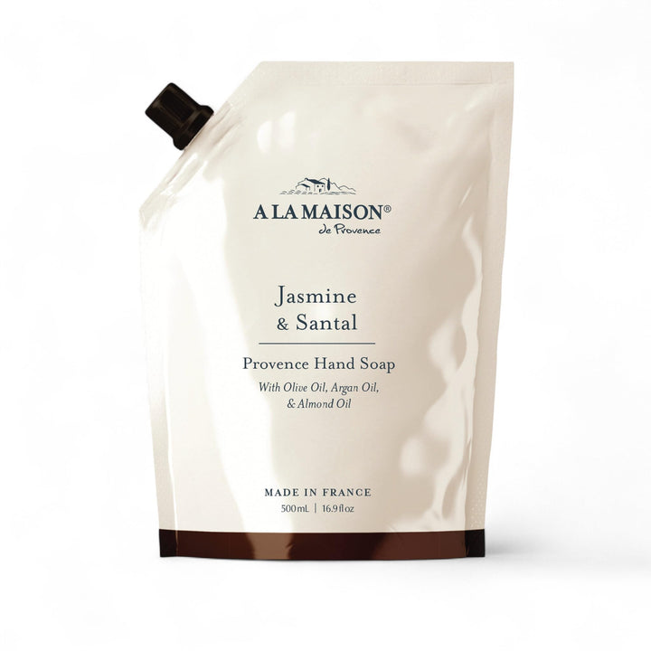 A LA MAISON front pouch showing jasmine and santal label and refill benefit