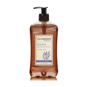 A LA MAISON front bottle view showing lavender aloe body wash and size benefit