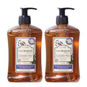 A LA MAISON front packaging showing two 16.9 oz bottles and lavender scent benefit