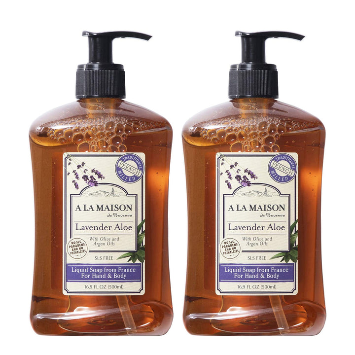 A LA MAISON front packaging showing two 16.9 oz bottles and lavender scent benefit