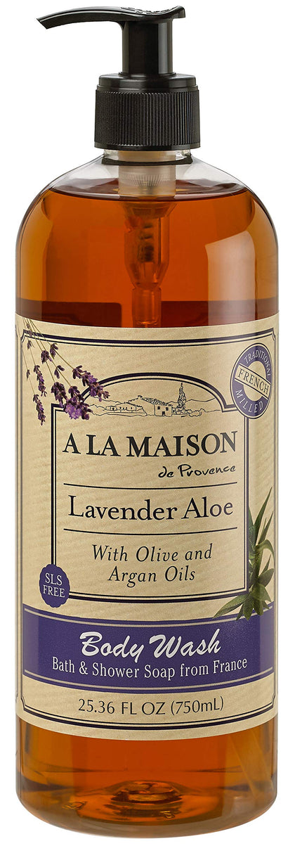 A LA MAISON lavender body wash front bottle showing label and volume, conveys gentle French-made cleansing