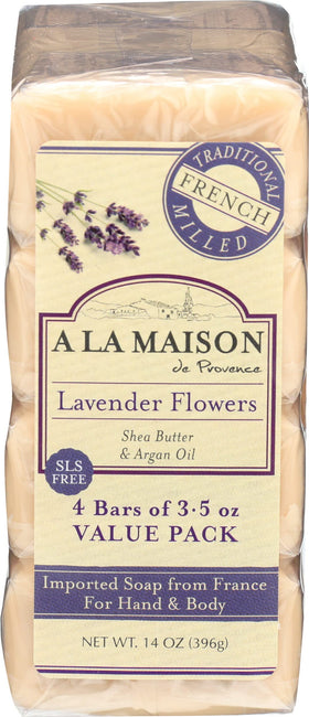 A LA MAISON front packaging showing four lavender bars and travel-friendly size benefit