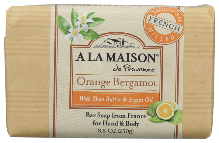 A LA MAISON front view of orange bergamot bar showing label and size benefit