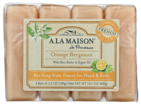 A LA MAISON front packaging showing four citrus-scented soap bars and benefits