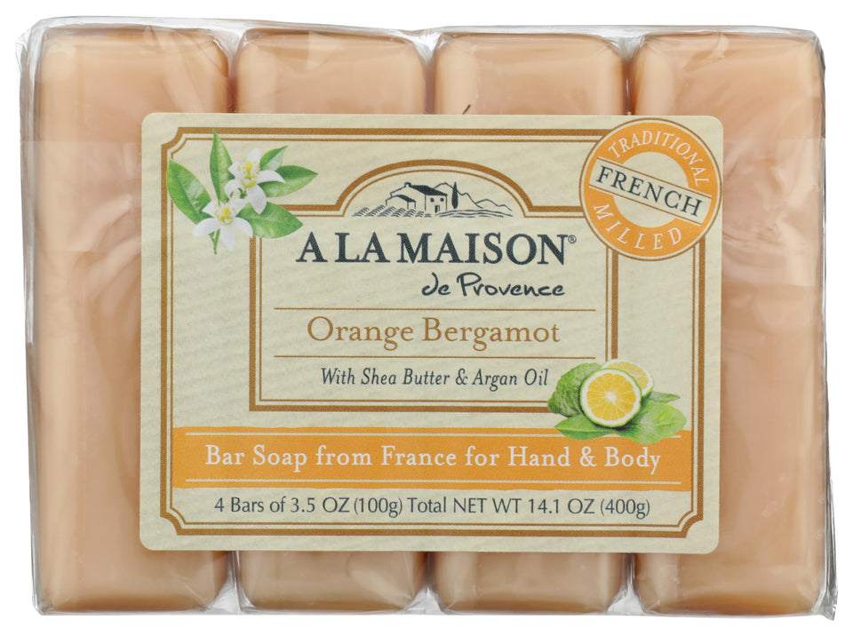 A LA MAISON front packaging showing four citrus-scented soap bars and benefits