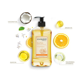 A LA MAISON pump and label detail highlighting product information and ease