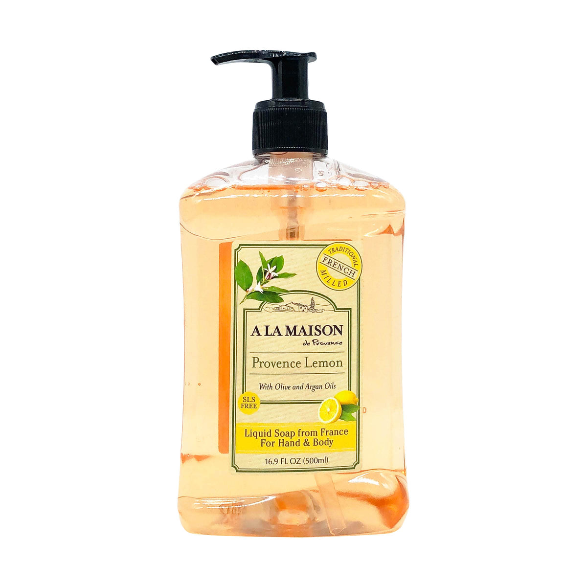 A LA MAISON bottle label highlighting 50% recycled plastic eco benefit