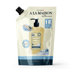 A LA MAISON refill pouch front view showing sea salt soap and eco benefit