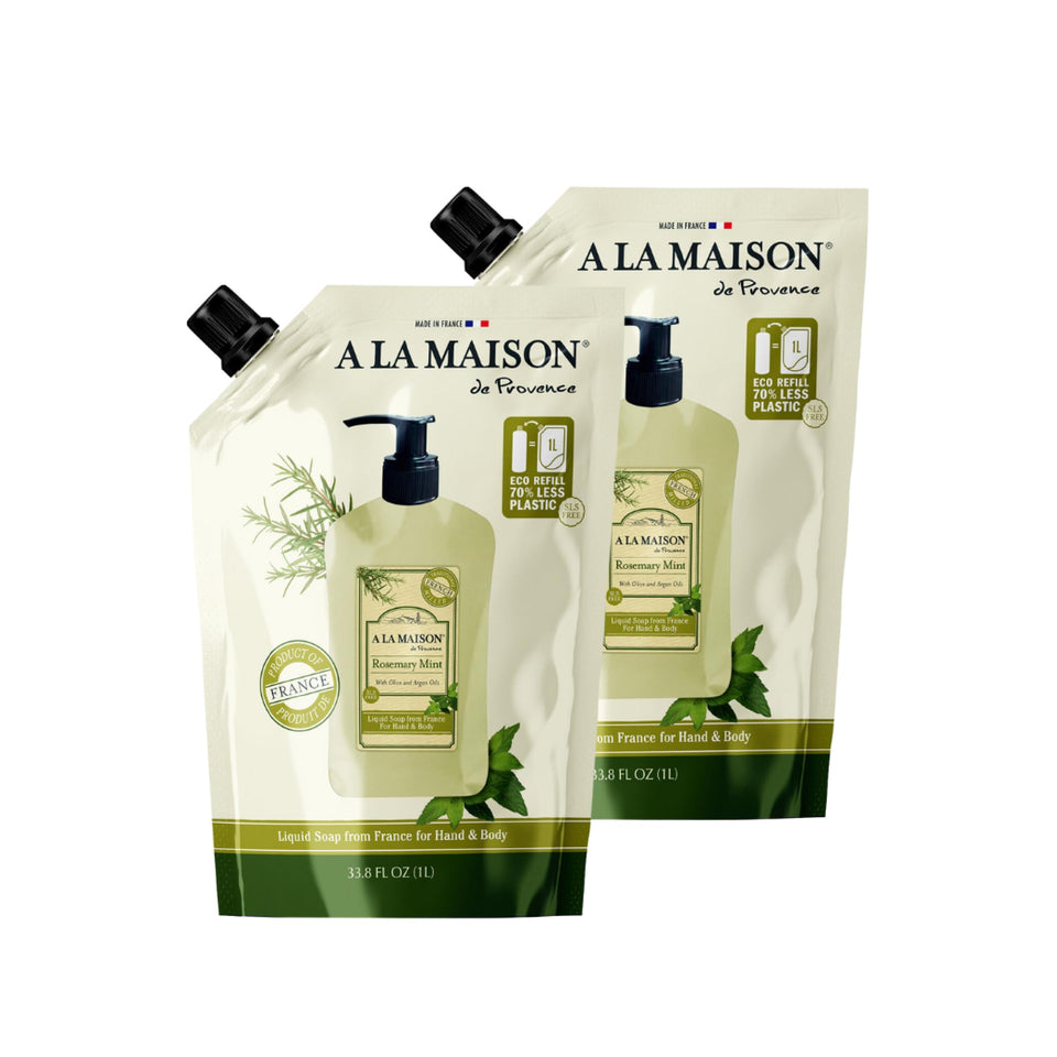 A LA MAISON front packaging showing refill bottles and rosemary-mint branding
