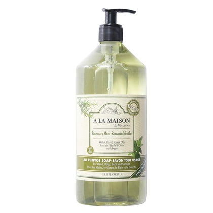A LA MAISON front packaging showing pump bottle and Rosemary Mint scent benefits