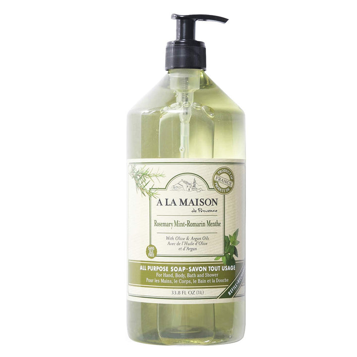 A LA MAISON front packaging showing pump bottle and Rosemary Mint scent benefits