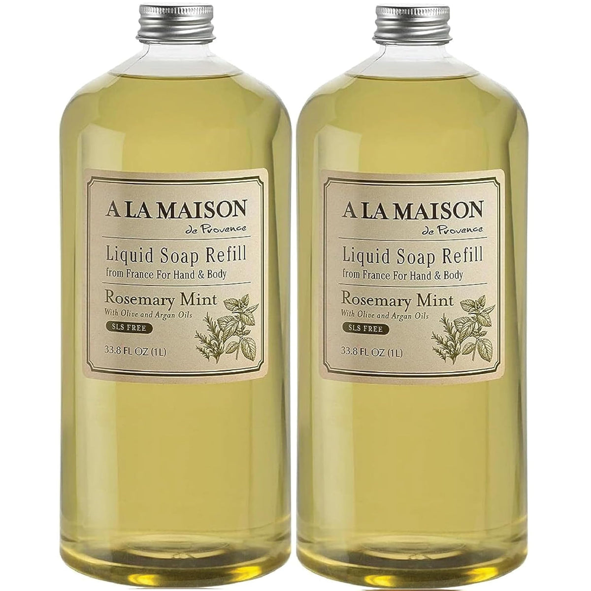 A LA MAISON front view of two refill bottles showing packaging and sustainable benefit