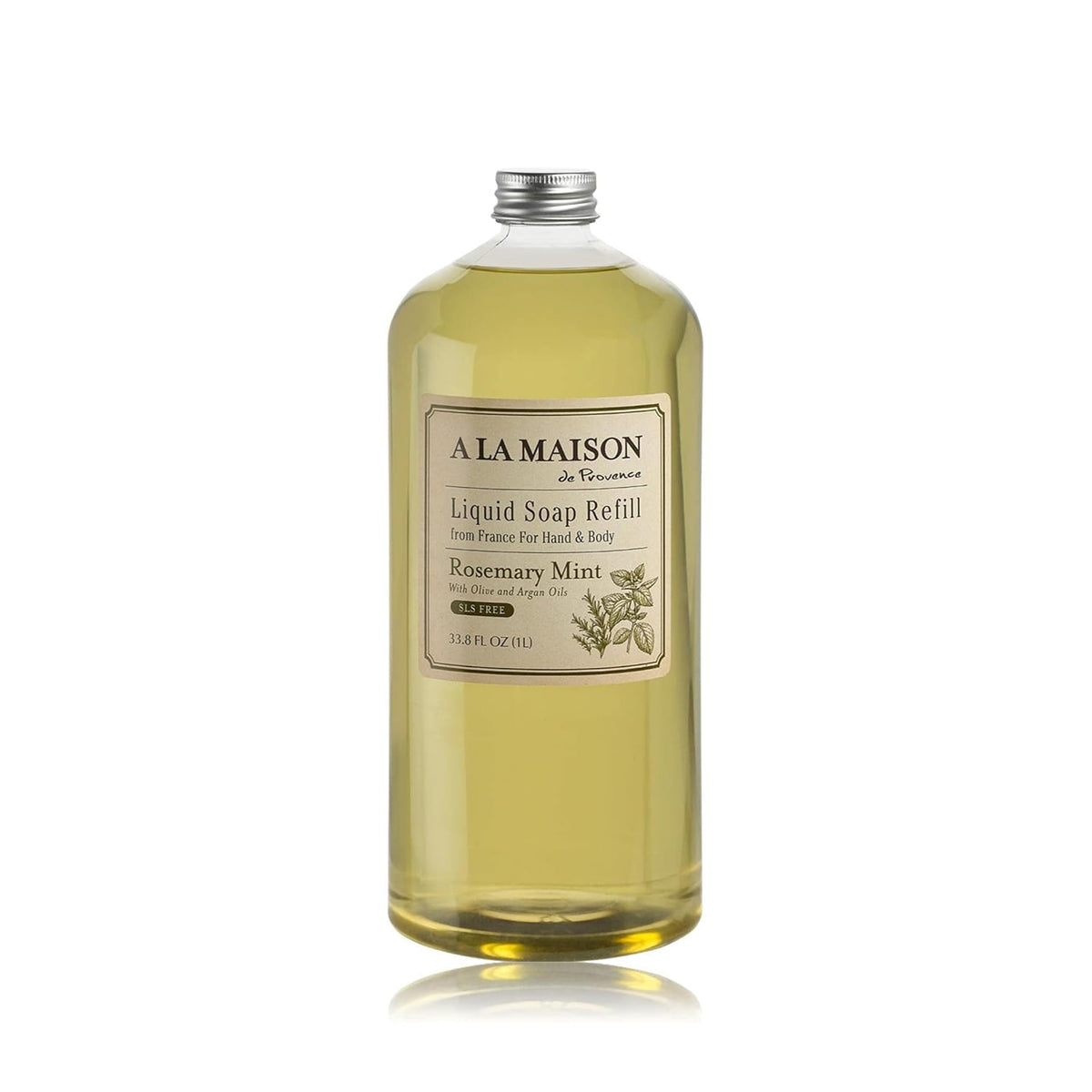 A LA MAISON refill front label showing rosemary mint scent and eco benefits