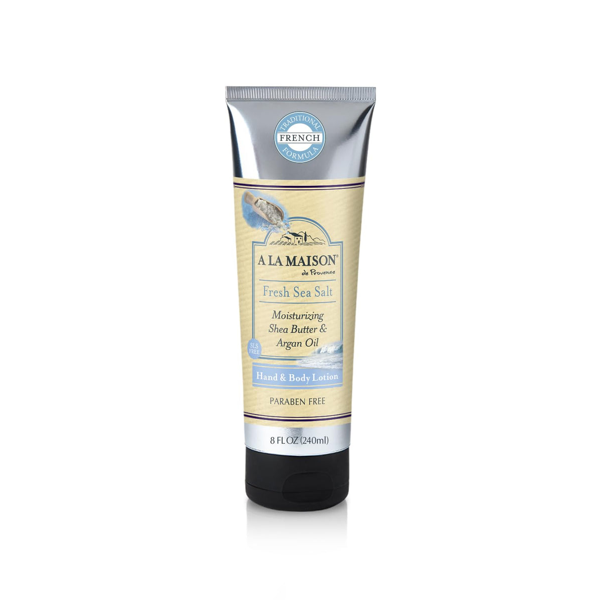 A LA MAISON front bottle showing sea salt lotion and fresh coastal design, highlights quick absorption