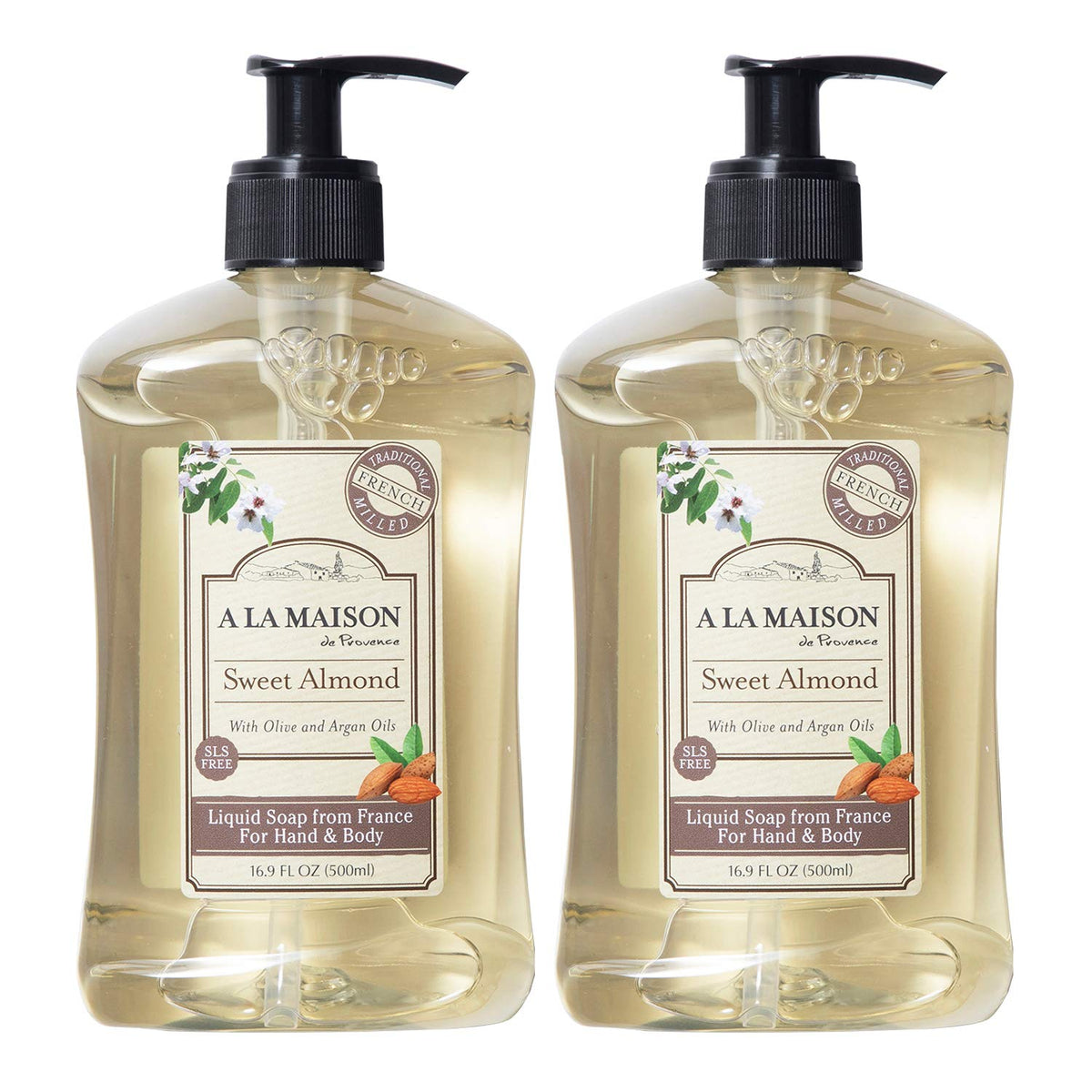 A LA MAISON front packaging showing sweet almond bottles and benefits