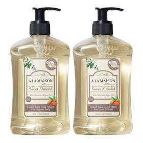 A LA MAISON front packaging showing sweet almond bottles and benefits