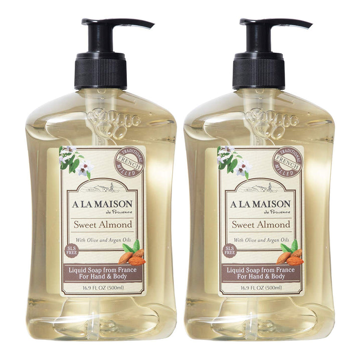 A LA MAISON front packaging showing sweet almond bottles and benefits