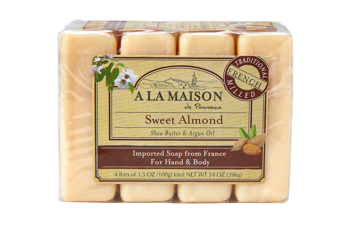 A LA MAISON front packaging showing four bars and almond scent benefits
