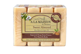 A LA MAISON front packaging showing four bars and almond scent benefits