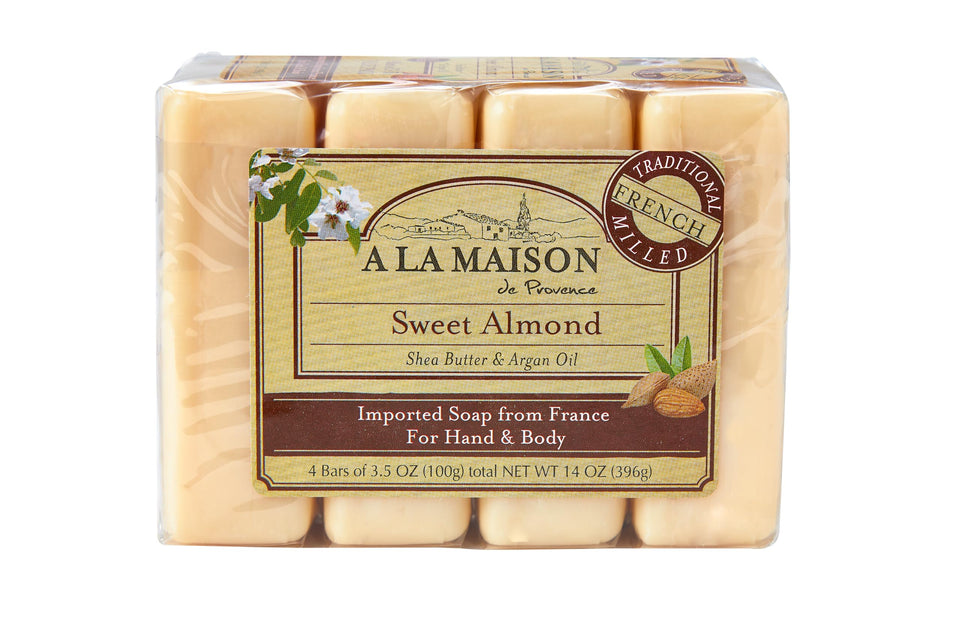 A LA MAISON front packaging showing four bars and almond scent benefits