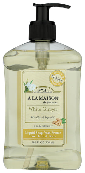 A LA MAISON front packaging showing white ginger scent and 16.9 fl oz capacity for elegant hand care