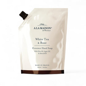 A LA MAISON front view of refill pouch, clear branding and size benefits