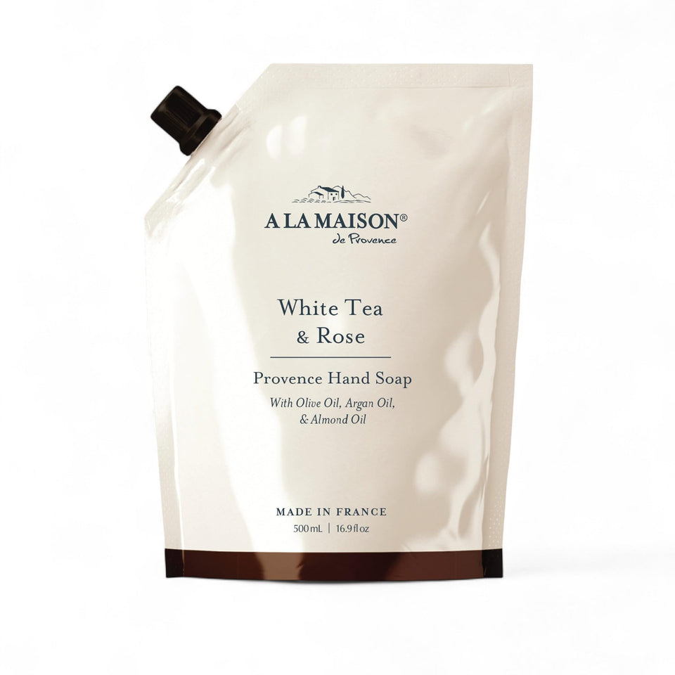 A LA MAISON front view of refill pouch, clear branding and size benefits