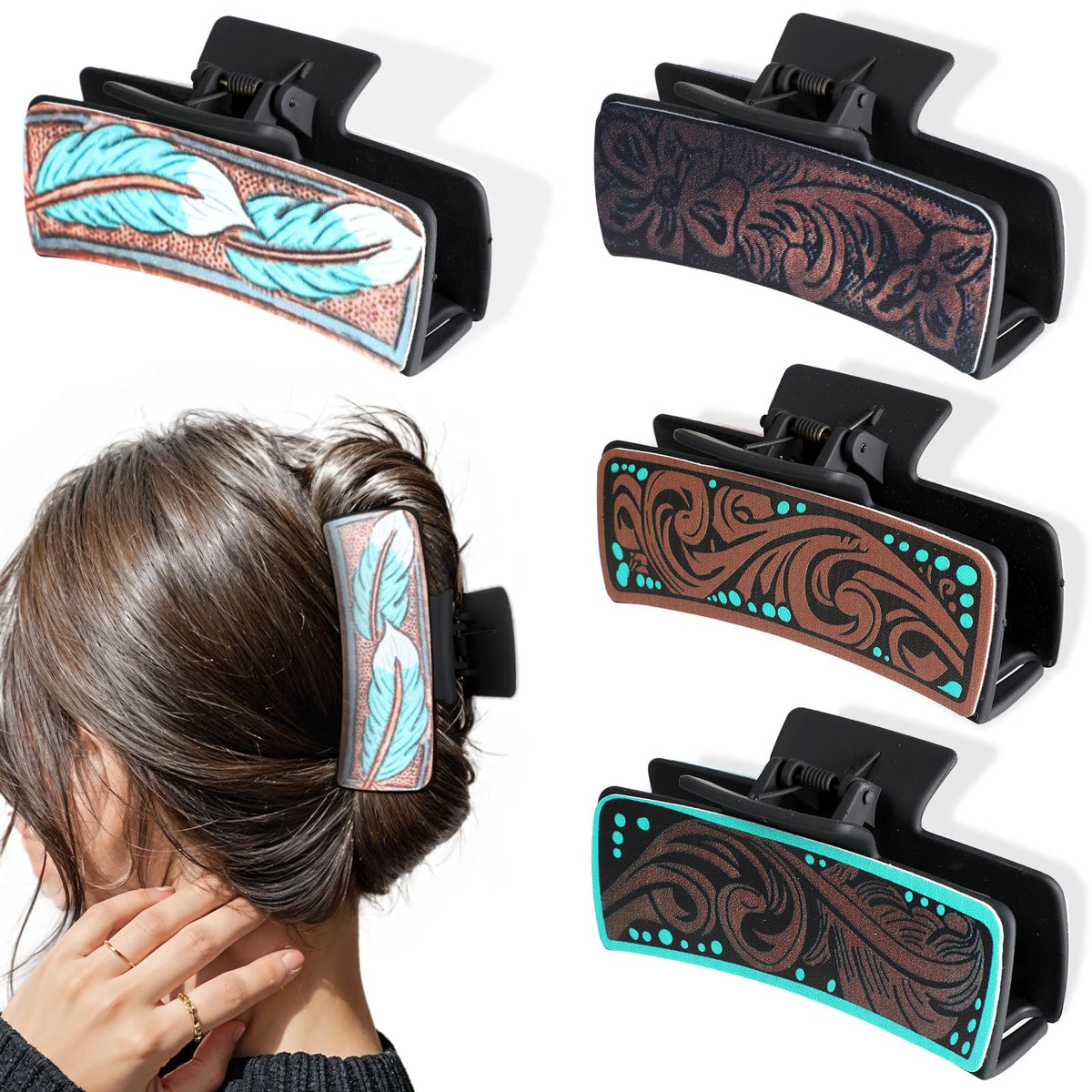 Abeillo front view of four western claw clips showing patterns and colors