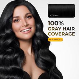 ABERA finished hair on model showing rich black color and healthy-looking shine