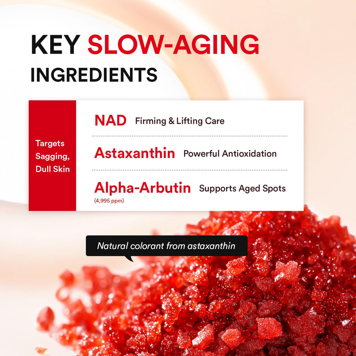 Abib ASTA-NAD ingredient label showing NAD+ 1% and astaxanthin 0.05% details