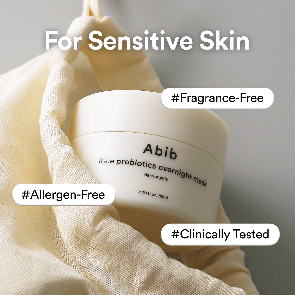 Abib jar on a nightstand with skincare items, suggesting bedtime routine use