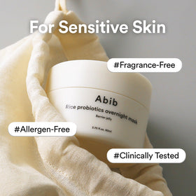 Abib jar on a nightstand with skincare items, suggesting bedtime routine use