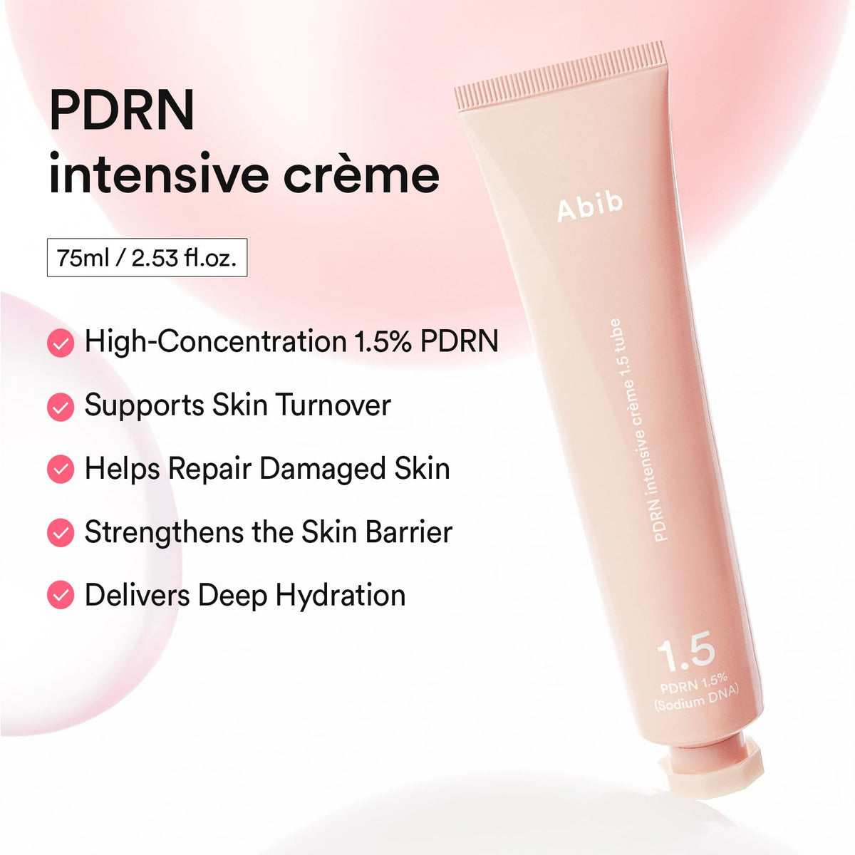 Abib close-up ingredient list label, displays PDRN concentration and benefits