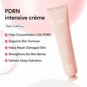 Abib close-up ingredient list label, displays PDRN concentration and benefits