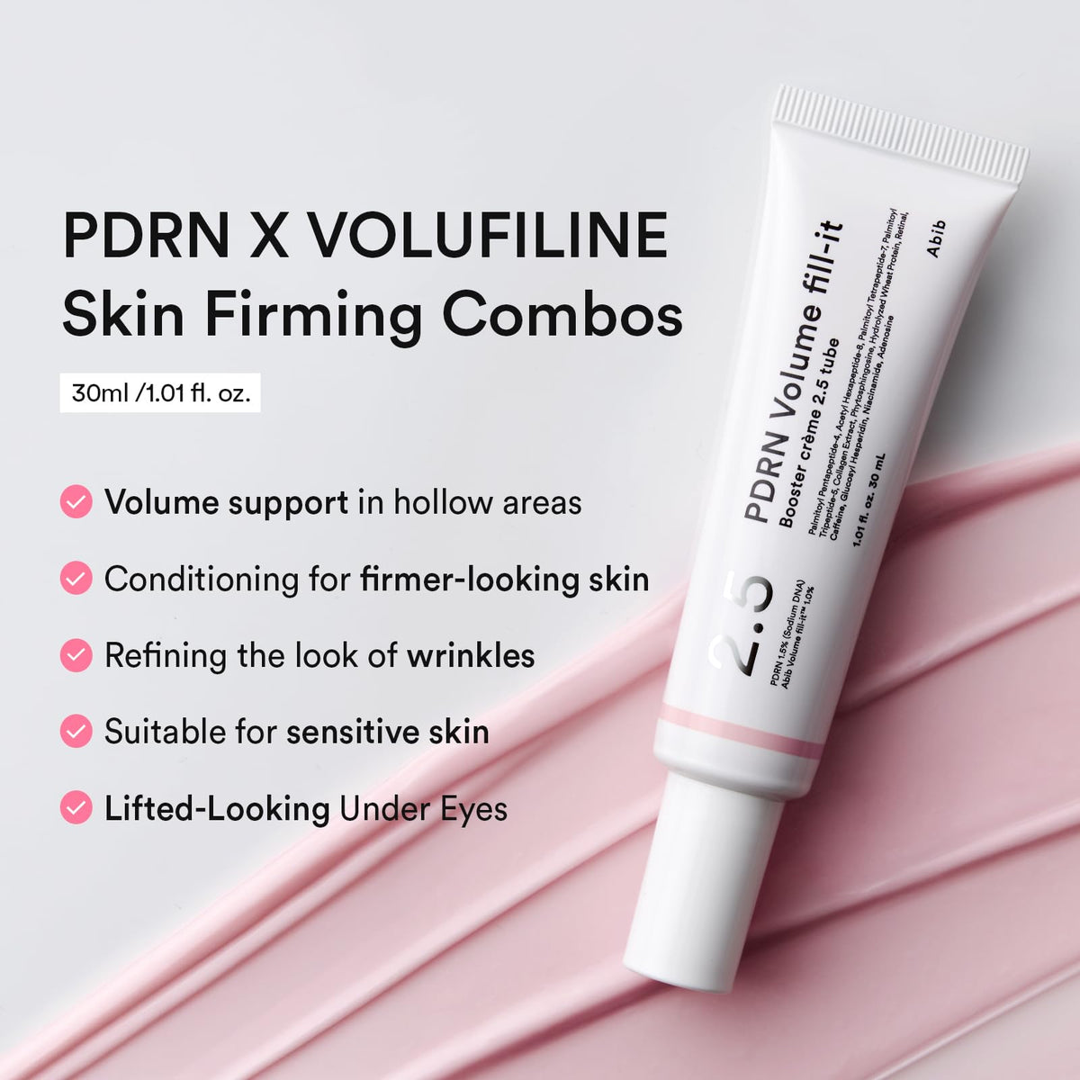 Abib key ingredients display highlighting PDRN and Volufiline for visible plumping