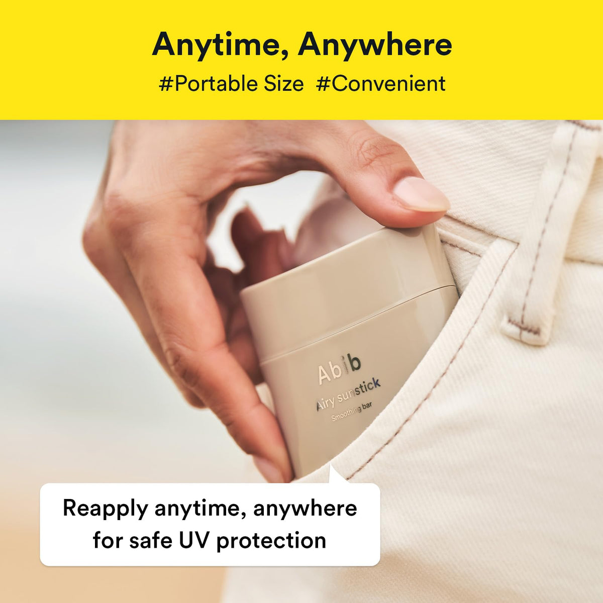 Abib sunstick inside purse conveying portability and easy reapplication