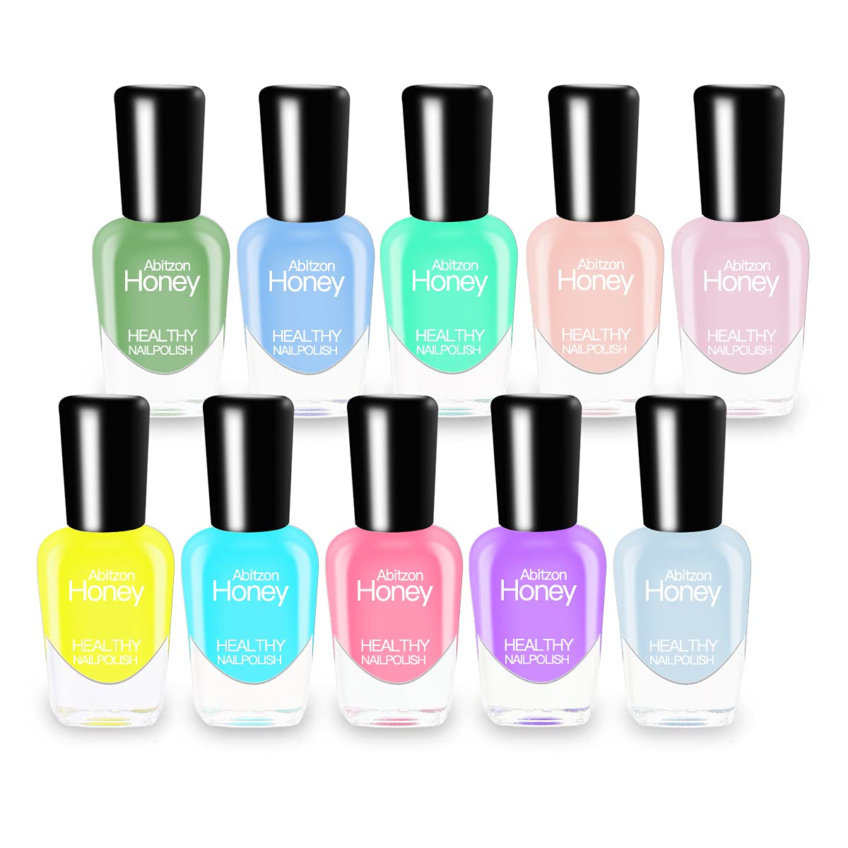 Abitzon front packaging showing ten eco-friendly polish bottles and colors