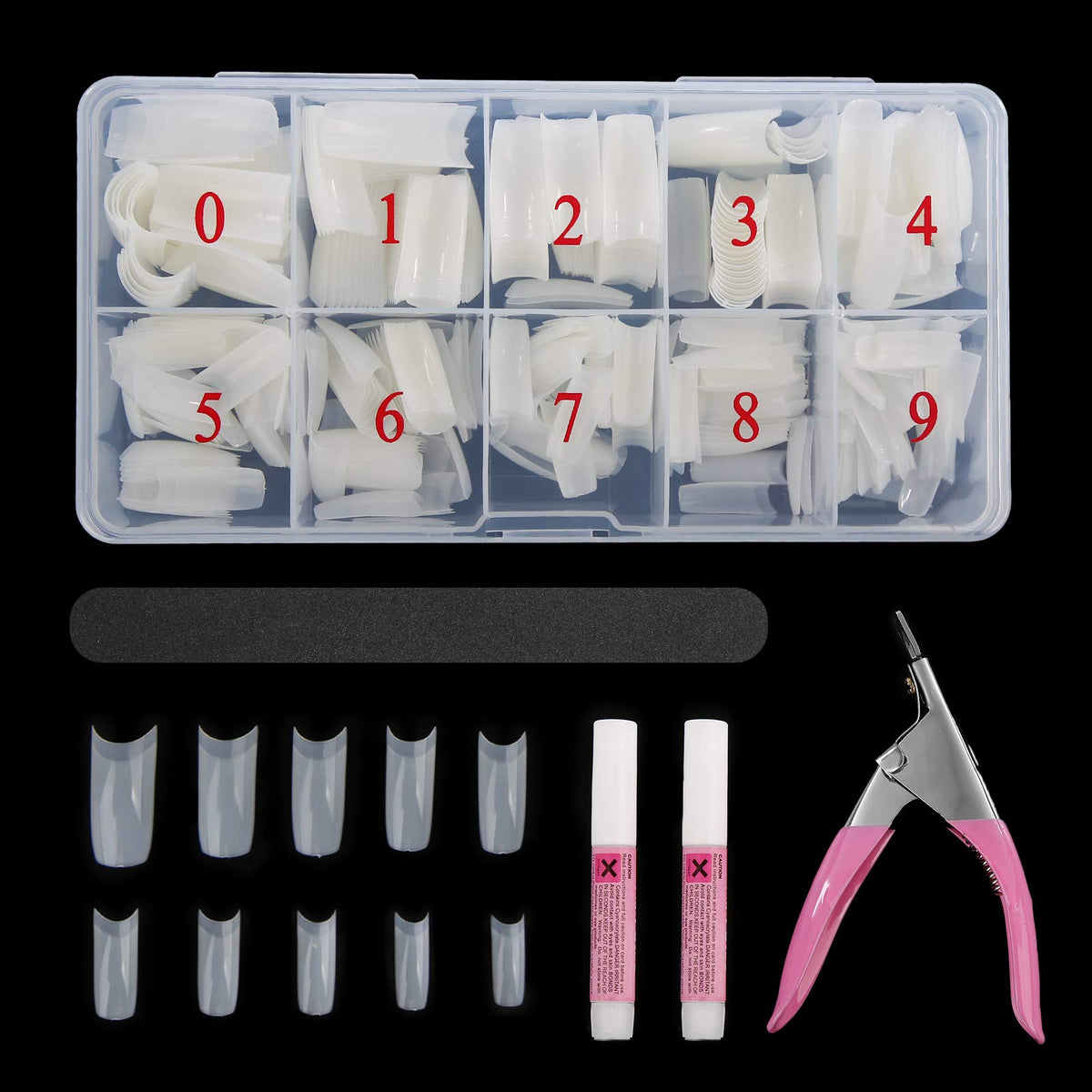 Abodhu front packaging showing full 500-piece nail kit and tools for convenience