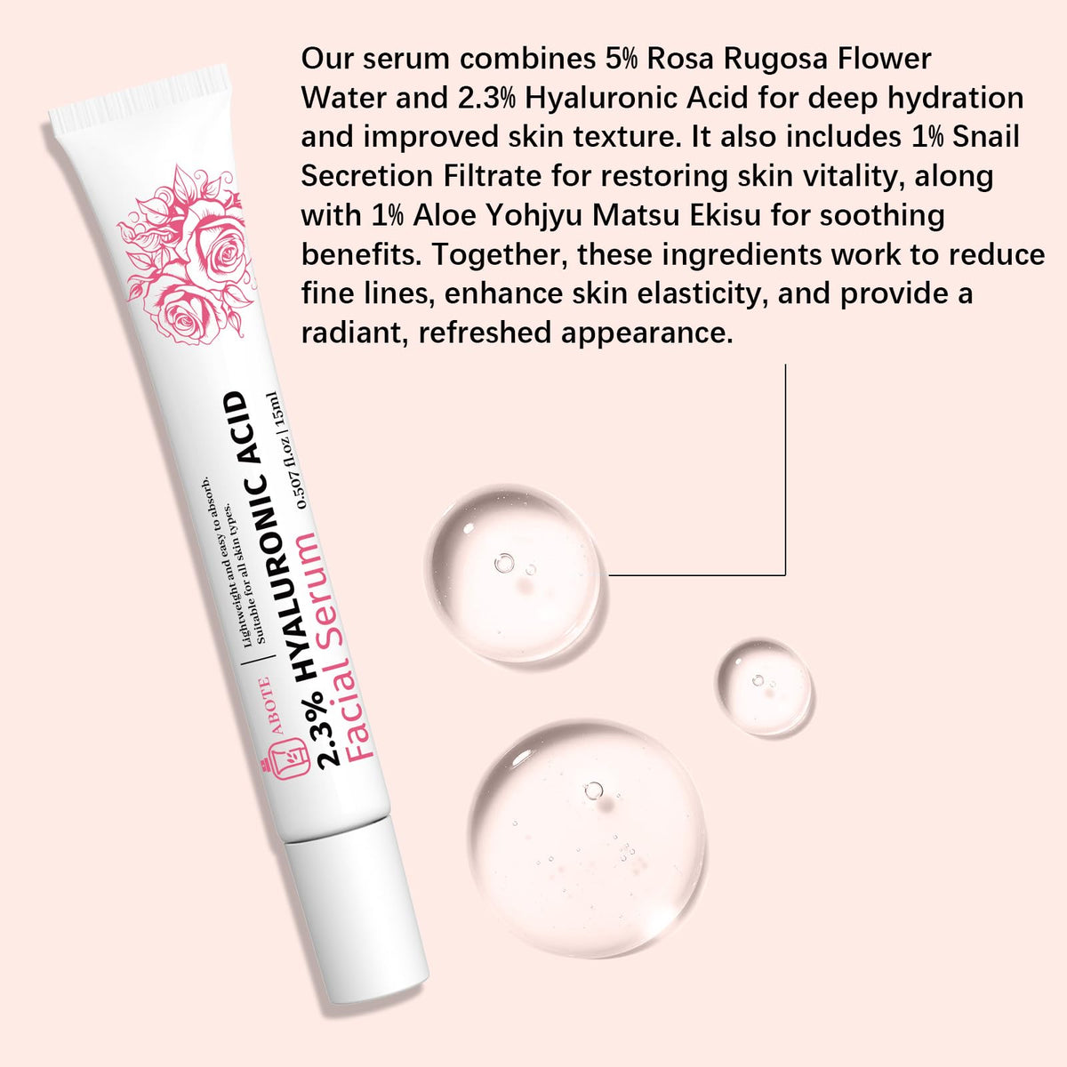 ABOTE label close-up highlighting hyaluronic acid, rosa flower water, peptides