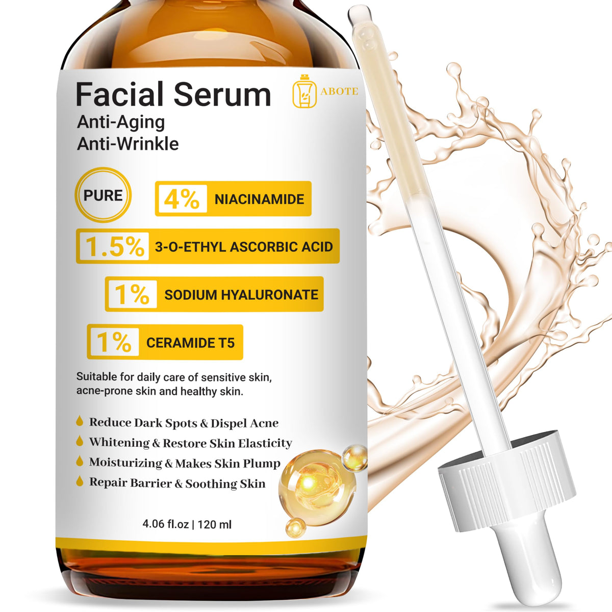ABOTE serum front bottle showing label and size, clear benefits